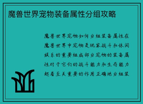 魔兽世界宠物装备属性分组攻略